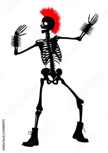 Silhouette of a dancing skeleton with a mohawk hairstyle. Halloween party. Vector.
