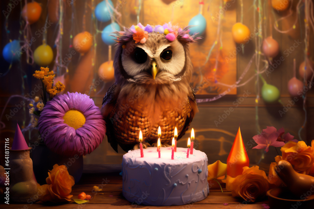 Fun festive cute owl with birthday cake, party flags and confetti falling. illustration of Animal birthday background concept. Fun festive cute owl with birthday cake, party flags and confetti falling. illustration of Animal birthday background concept.