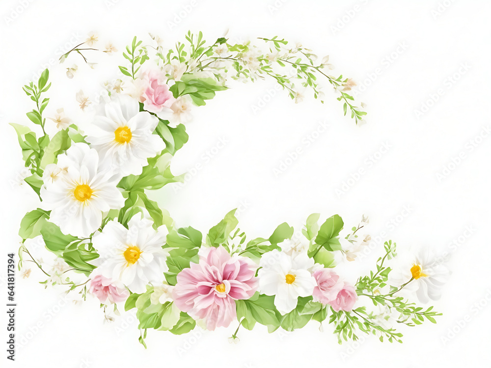 Floral wreath with chamomile and daffodils on white background