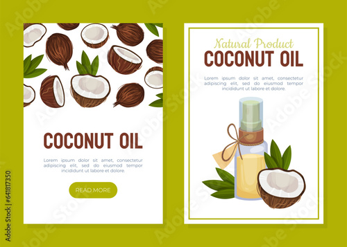 Coconut Oil Web Banner Design with Palm Leaf and Nut Shell Vector Template