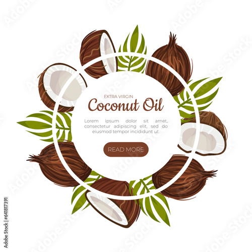 Coconut Oil Web Banner Design with Palm Leaf and Nut Shell Vector Template