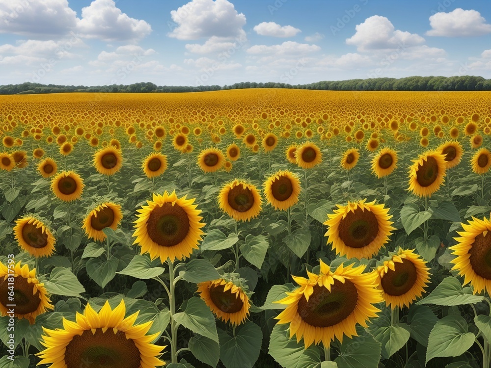 Fototapeta premium Beautiful sunflowers field on a background. Sunset and blue sky, landscape scenery. Generative AI