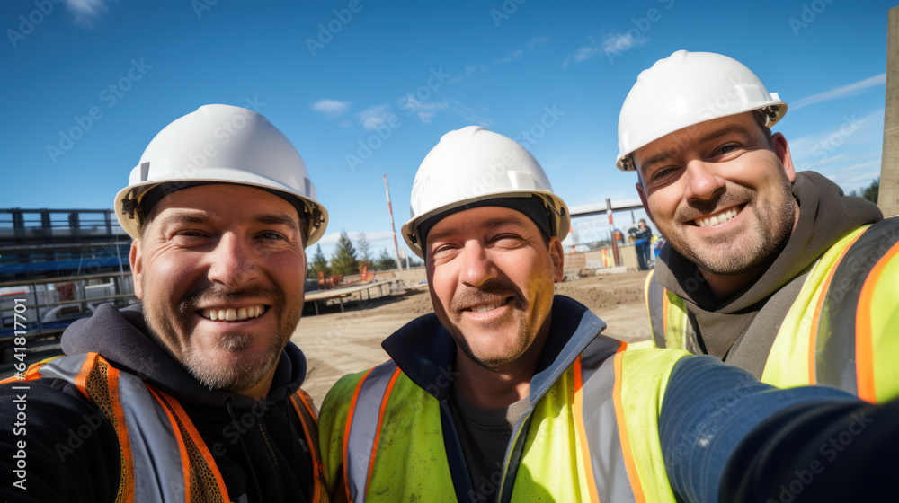 Smiling construction workers looking at a smartphones or a tablet at a construction site. workers looking at the computer camera talking to other coworkers remotely Smiling construction workers looking at a smartphones or a tablet at a construction site. workers looking at the computer camera talking to other coworkers remotely