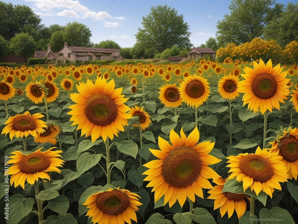 Obraz premium Beautiful sunflowers field on a background. Sunset and blue sky, landscape scenery. Generative AI