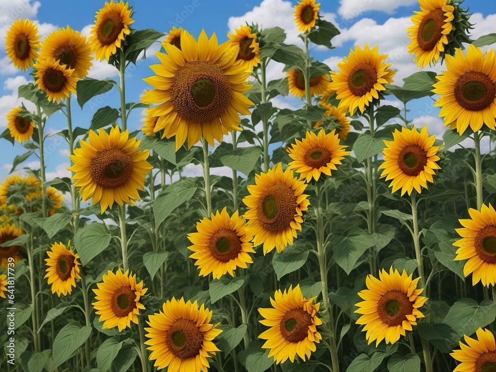 Fototapeta premium Beautiful sunflowers field on a background. Sunset and blue sky, landscape scenery. Generative AI