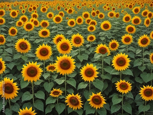 Beautiful sunflowers field on a background. Sunset and blue sky  landscape scenery. Generative AI