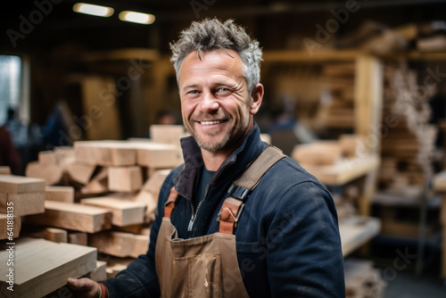 smiling wood craftsman holding a piece of wood