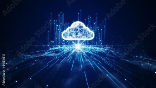 Cloud and edge computing technology data transfer concept. A large cloud icon is in the center. Abstract motion interconnected polygons lines and dots on a dark blue background.