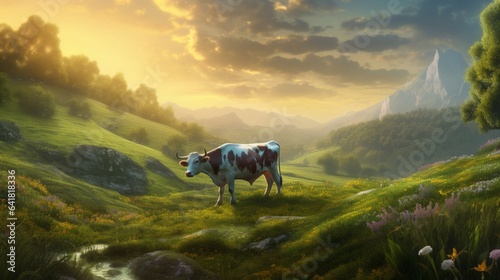 Illustration of a cow in a magical landscape.Generative AI