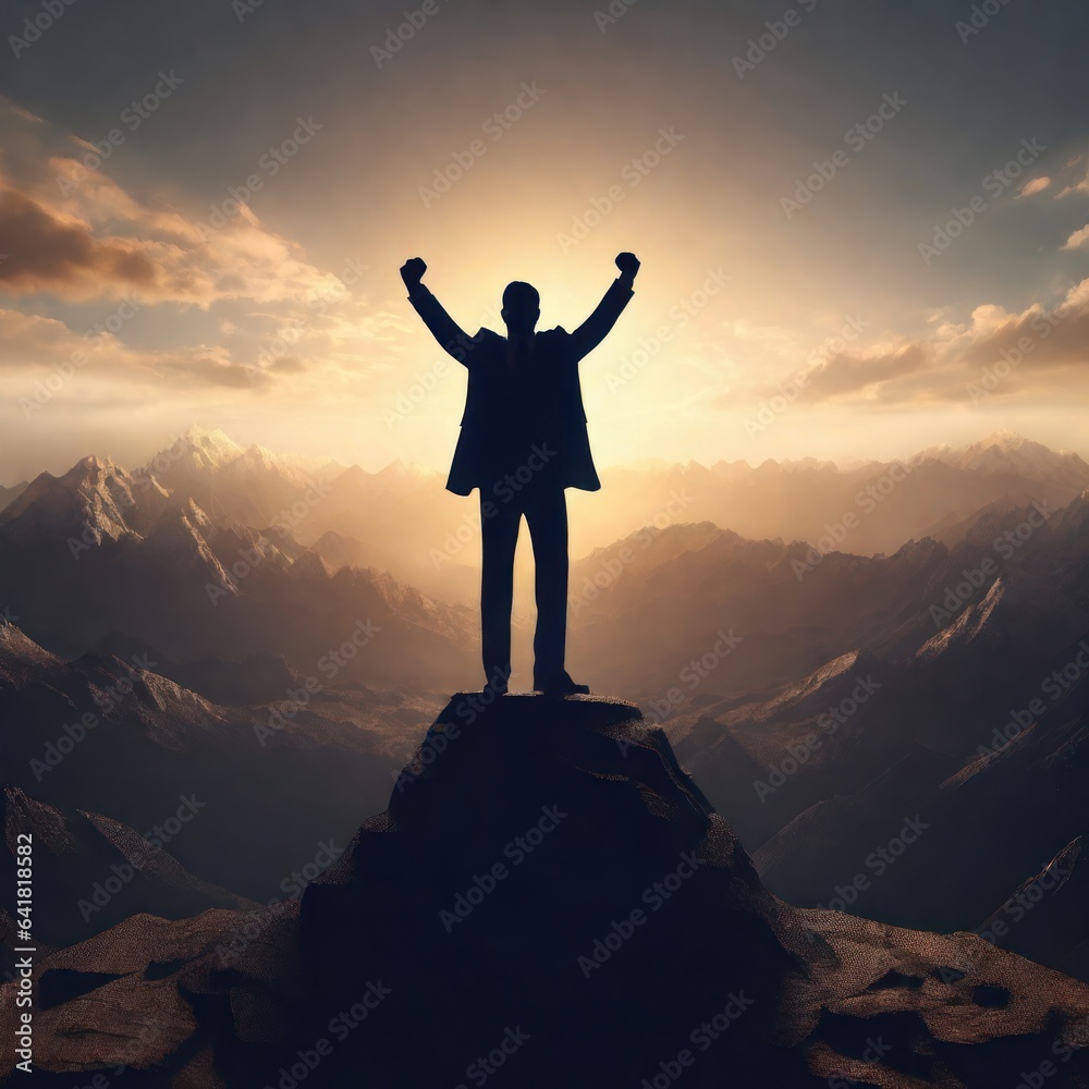 Silhouette of successful businessman keeping hands up hiking on the top of mountain - Celebrating success, winner and leader concept, Generative AI Silhouette of successful businessman keeping hands up hiking on the top of mountain - Celebrating success, winner and leader concept, Generative AI