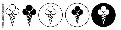 Ice cream icon. Creamy milk chocolate dairy product symbol made out of sugar and waffle. Vector sign of cone shape frozen whipped vanilla scoop. Flat logo set of summer dessert pictogram