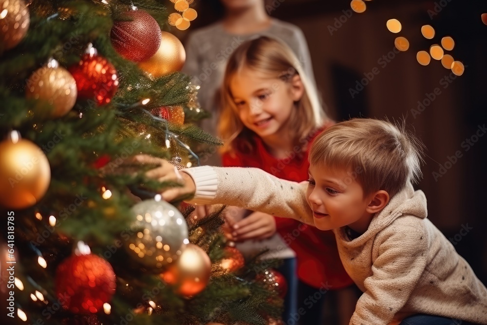 Group of children decorating Christmas tree. Generative AI Group of children decorating Christmas tree. Generative AI