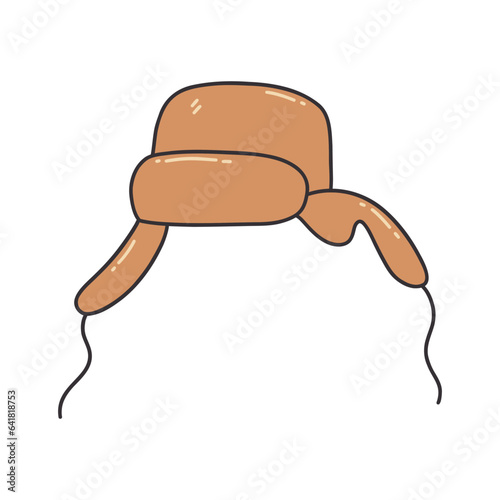 Russian winter warm hat with earflaps. Headdress made of fur or wool. Traditional Russian culture. Colorful vector isolated illustration hand drawn doodle icon or card with contour