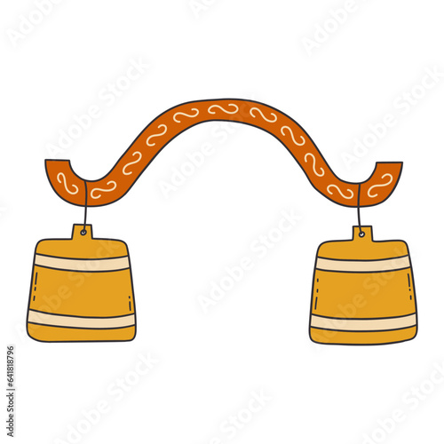 Russian orange yoke with wooden yellow buckets. Old device rocker for fetching water in village. Life in the countryside, Russian culture. Colorful vector isolated illustration hand drawn doodle