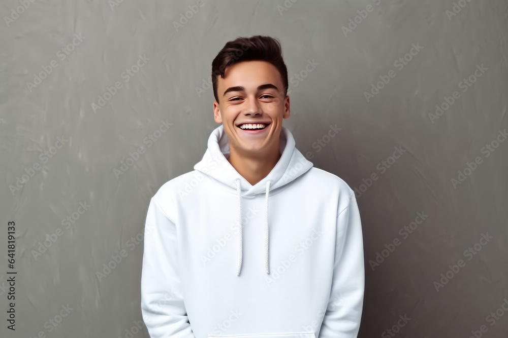 White pullover on a young man posing on a solid color background. mockup White pullover on a young man posing on a solid color background. mockup
