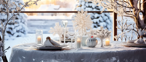 Winter frozen morning on the patio  backyard with snowy trees  furniture  candles  lamp garland.served dinner table. Christmas  New Years holidays. Outdoors vacation. Exterior Design.Generative ai