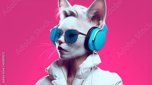 cat listening music with headphones © Daniel