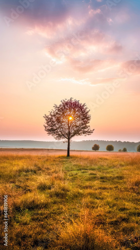 A Serene Sunset over a Golden Field with a Majestic Oak Tree,lone tree in sunset