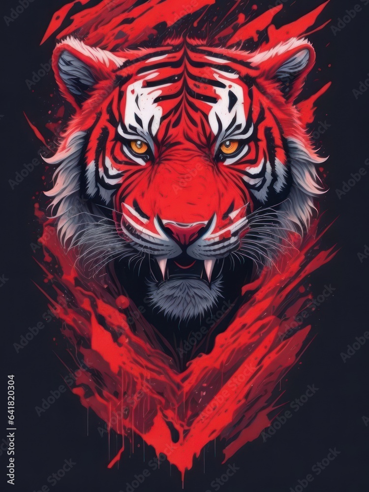 Fantasy watercolor painting of a red devil tiger with swirling red wing against a dark backdrop.generative AI Fantasy watercolor painting of a red devil tiger with swirling red wing against a dark backdrop.generative AI
