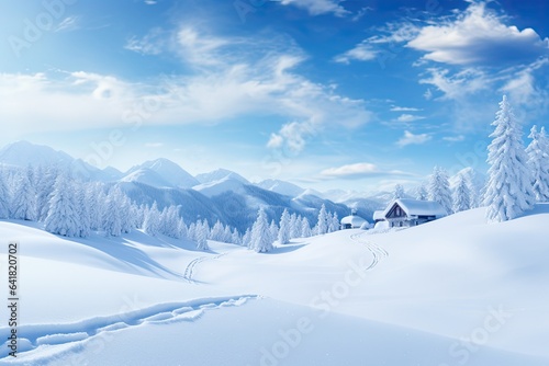 Winter Wonderland Drawing, Mountains in the Snow with Cabin