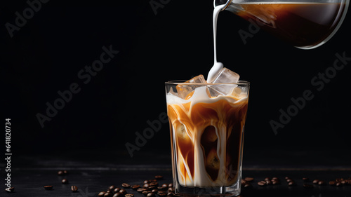 Foto Milk pouring into a coffee cup with ice mocha latte syrup glass on a table copy space banner