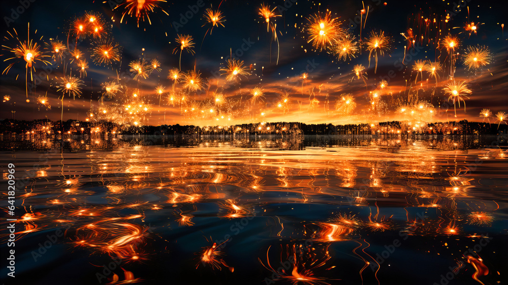 A sequence of fireworks reflected in a serene pool of water