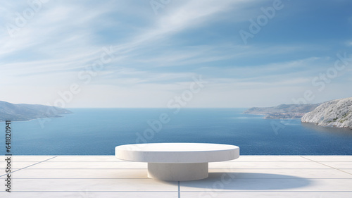 Fototapeta Naklejka Na Ścianę i Meble -  Beautiful blue summer sea ocean landscape with clean cloudy sky marble empty table mockup  podium for product display copy space banner.