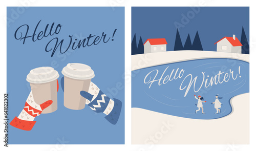 Flat Style Hand Drawn Illustrations. Hands In Mittens holding coffee, and Winter Scene on a skating rink. Vector Illustration Set Ideal for Greeting Cards, Invitations and Posters.