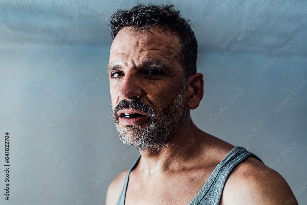 Bearded adult man in mouth guard in room with blue wall in daylight