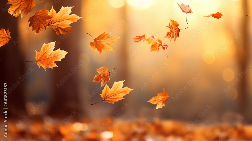 Yellow orange falling maple leaves in the wind park forest wood natural landscape copy space banner. Yellow orange falling maple leaves in the wind park forest wood natural landscape copy space banner.