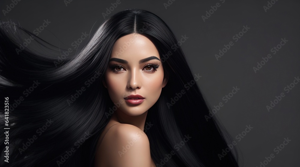 Asian woman with healthy shiny black hair with studio backdrop Lap space for advertising media.Generative AI