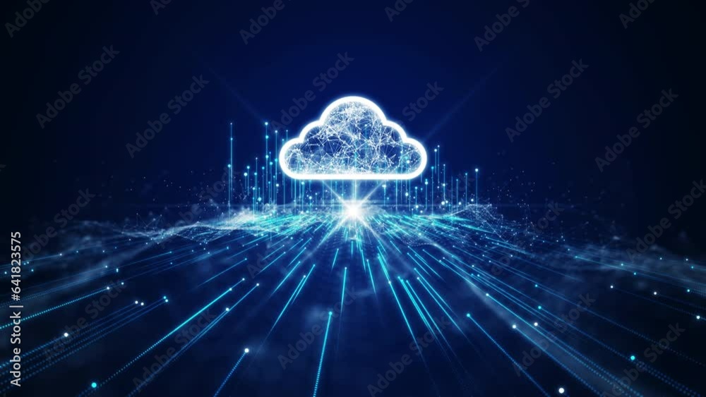 Cloud and edge computing technology data transfer concept. A large cloud icon is in the center. Abstract motion interconnected polygons lines and dots on a dark blue background.