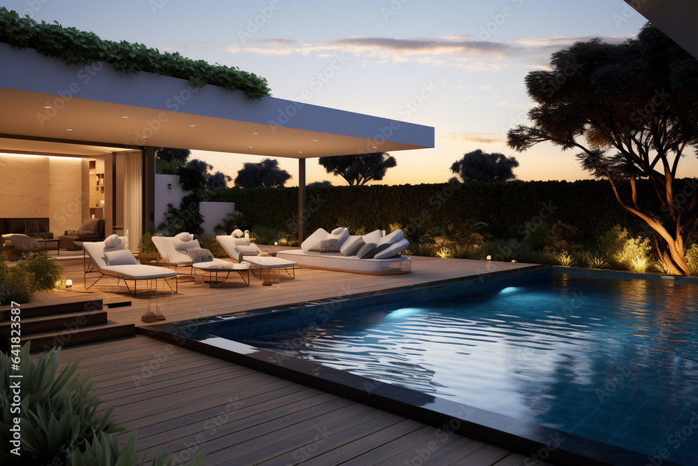 Scene of  Model house with swimming pool  with day bed  , exterior design , luxury villa