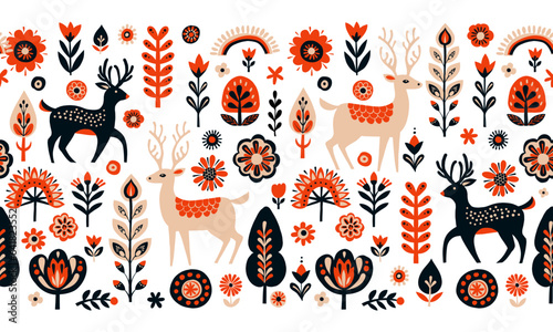 Simple minimalist Scandinavian seamless pattern with deer, christmas forest, flowers