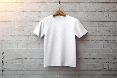 Top view of white t-shirt on gray background.  illustration of mockup clothes