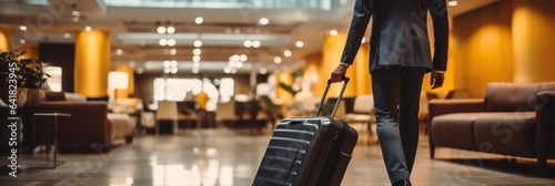 Cropped view of young businesswoman walking with suitcase in hotel lobby. Hotel Concept with a Copy Space. © John Martin