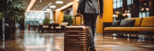 Close-up of a man walking with a suitcase in hotel. Hotel Concept with a Copy Space. © John Martin