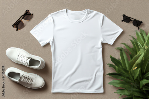 Top view of white t-shirt on wooden background. illustration of mockup clothes, flat lay