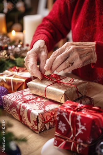 Grandmother is wrapping presents for Christmas. Generative AI