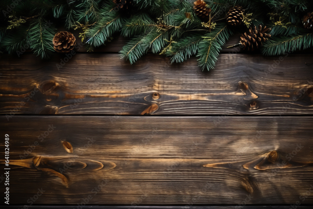 Christmas background with fir tree and decoration on dark wooden board.  illustration of Christmas post card or banner ad. - obrazy, fototapety, plakaty 