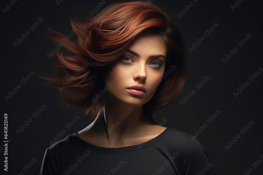 AI Generative, beautiful girl looks at the camera with developing hair, on a dark background AI Generative, beautiful girl looks at the camera with developing hair, on a dark background