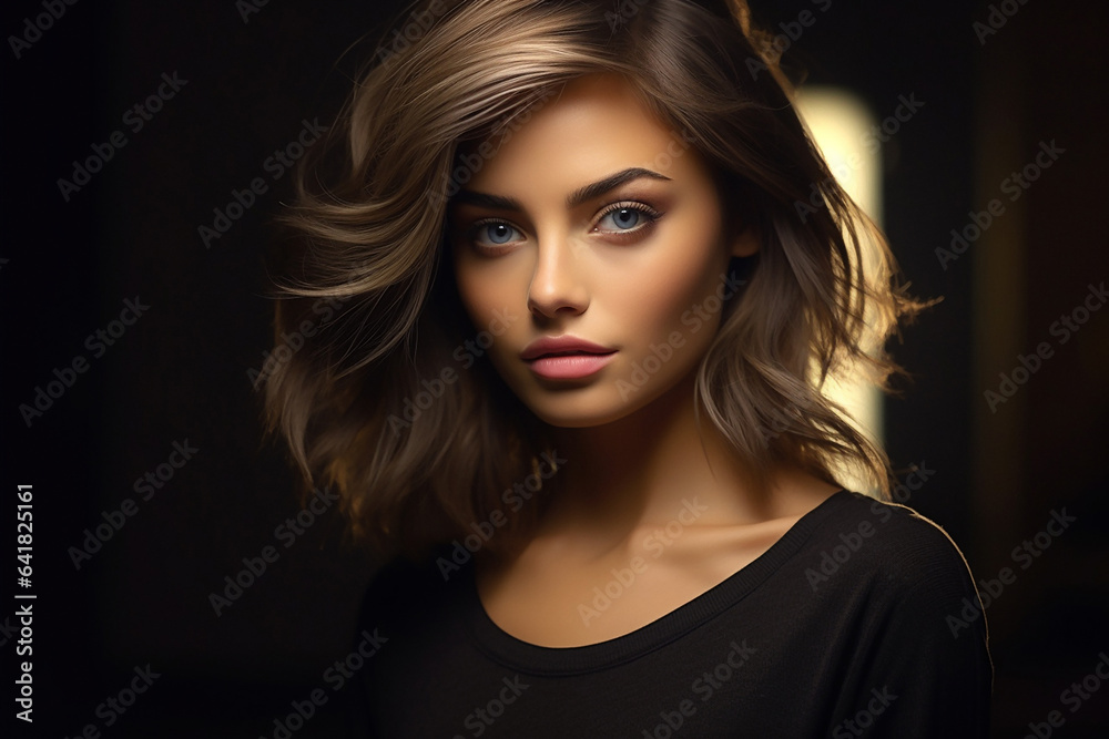AI Generative, beautiful girl looks at the camera with developing hair, on a dark background AI Generative, beautiful girl looks at the camera with developing hair, on a dark background