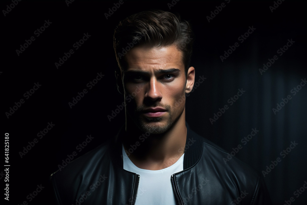 AI Generative brutal man on a dark background in a leather jacket, looking at the camera AI Generative brutal man on a dark background in a leather jacket, looking at the camera
