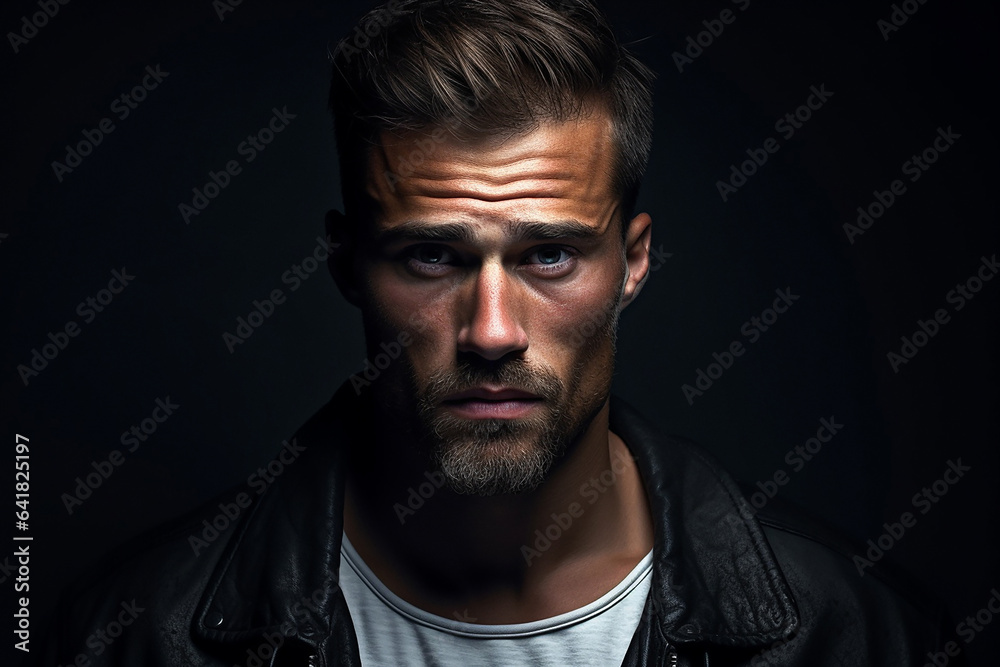 AI Generative brutal man on a dark background in a leather jacket, looking at the camera AI Generative brutal man on a dark background in a leather jacket, looking at the camera