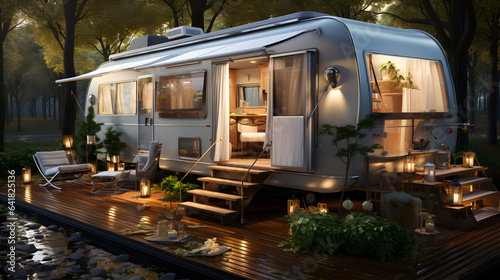 Luxury Living Mobile Home: Tranquil Forest Retreat with Ambient Lighting