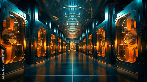 Rows of shiny vault doors, representing security and wealth storage photo