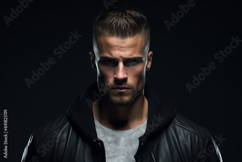 AI Generative brutal man on a dark background in a leather jacket, looking at the camera