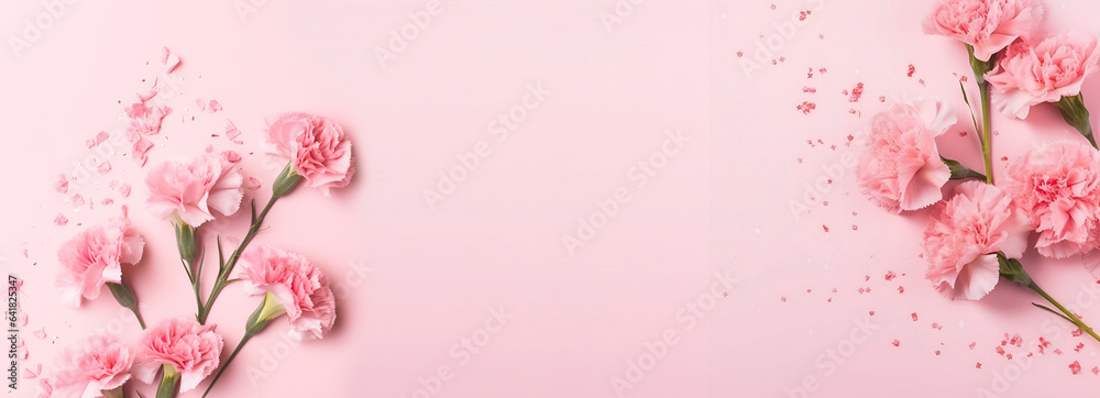Fototapeta premium Creative Floral composition. Pink carnation flowers with confetti and petals on pastel background. Template for product presentation display. flat lay top view. copy text space banner