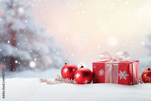Christmas holiday background with red gift and decorations on snow with fir branches on bokeh winter background, Merry Xmas concept, generative ai