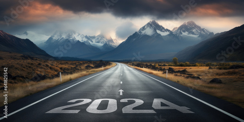 New year 2024, Concept photo written on the road in the middle of asphalt road at morning winter, A conceptual photo of the path leading to a bright future, generative ai